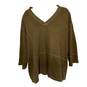 Poetry  Green V-Neck Oversized Boxy Tunic Top 3/4 Sleeve Hemp organic cotton L